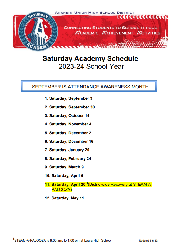 Saturday Academy Dates